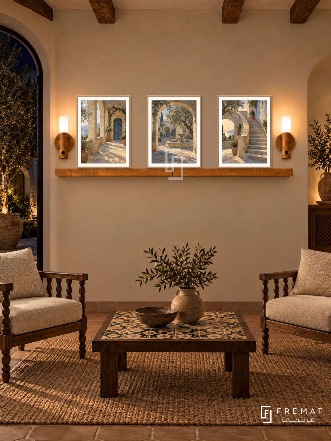FREMAT Courtyard Journey shelf set with three 30 x 40 cm wooden texture frames, 2 cm white borders, honey wood shelf and two warm sensor lamps. Night Andalusian-inspired sitting room, sand wall, carved walnut chairs with linen cushions, tiled wooden table, woven rug, dark courtyard left, timber beams.