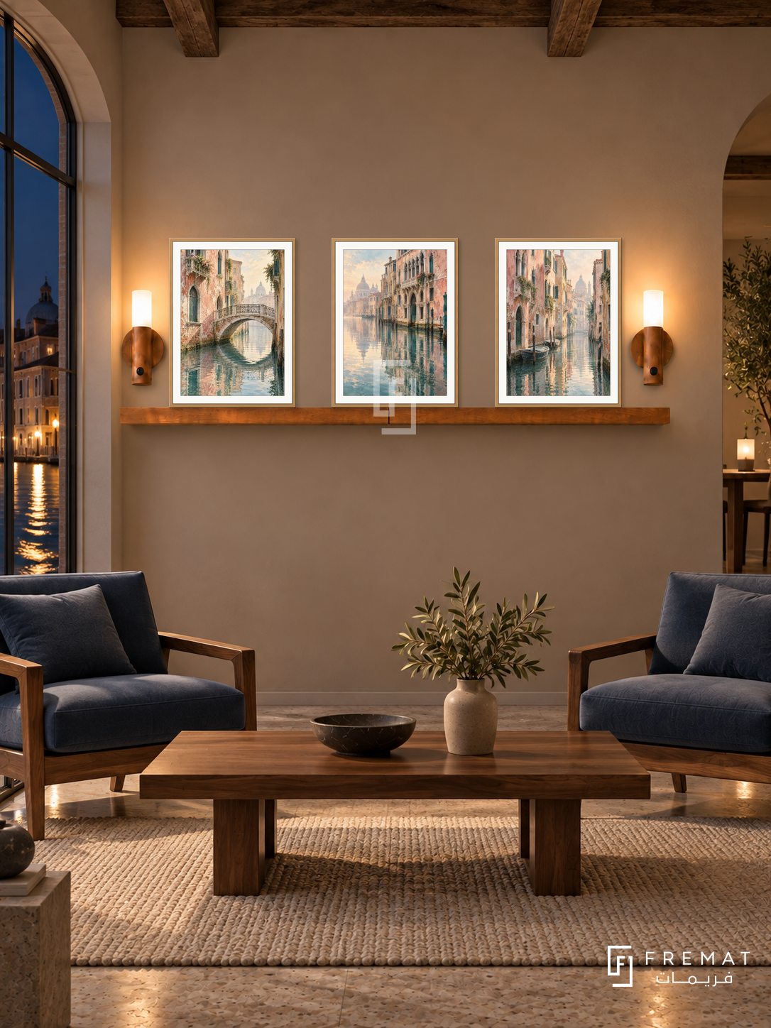 FREMAT Venetian Reflections shelf set with three 30 x 40 cm wooden texture frames, 2 cm white borders, honey wood shelf and two warm sensor lamps. Night Italian waterside sitting room, warm taupe wall, walnut armchairs with blue cushions, rectangular timber table, wool rug, canal lights through window left, ceiling beams.