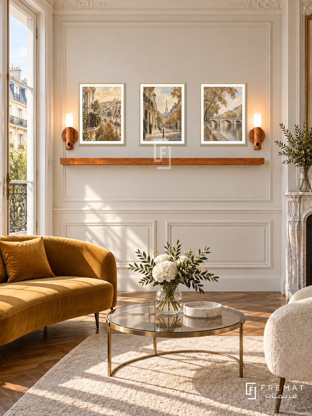 FREMAT Paris In Ochre shelf set with three 30 x 40 cm gold frames, 2 cm white borders, honey wood shelf and two warm sensor lamps. Morning Haussmann reception, ivory mouldings, mustard velvet settee, brass and glass coffee table, walnut parquet, French balcony left, marble fireplace edge right.