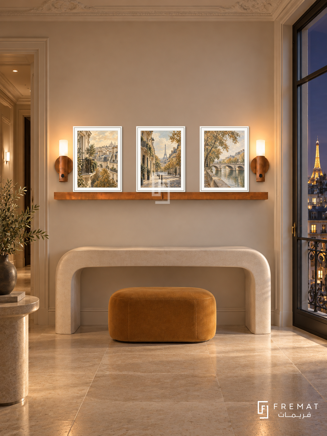 FREMAT Paris In Ochre shelf set with three 30 x 40 cm white frames, 2 cm white borders, honey wood shelf and two warm sensor lamps. Night Paris apartment entry, warm beige wall, curved white console, ochre ottoman, limestone floor, city rooftop window right, high ornate ceiling.