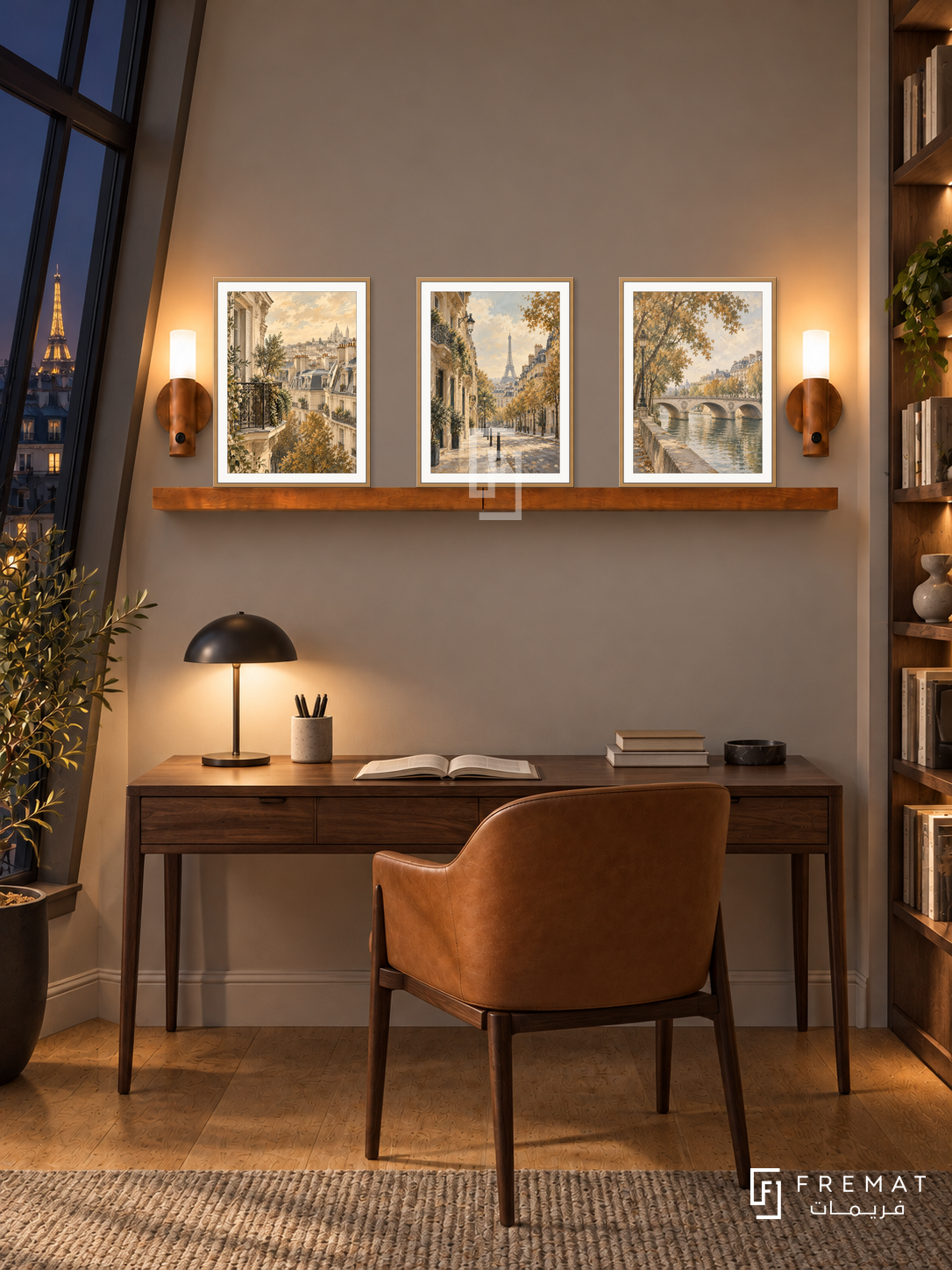 FREMAT Paris In Ochre shelf set with three 30 x 40 cm wooden texture frames, 2 cm white borders, honey wood shelf and two warm sensor lamps. Night Paris atelier reading corner, greige wall, walnut writing desk below shelf, caramel leather chair, oak floor, dark mansard window left, bookshelves at far right.
