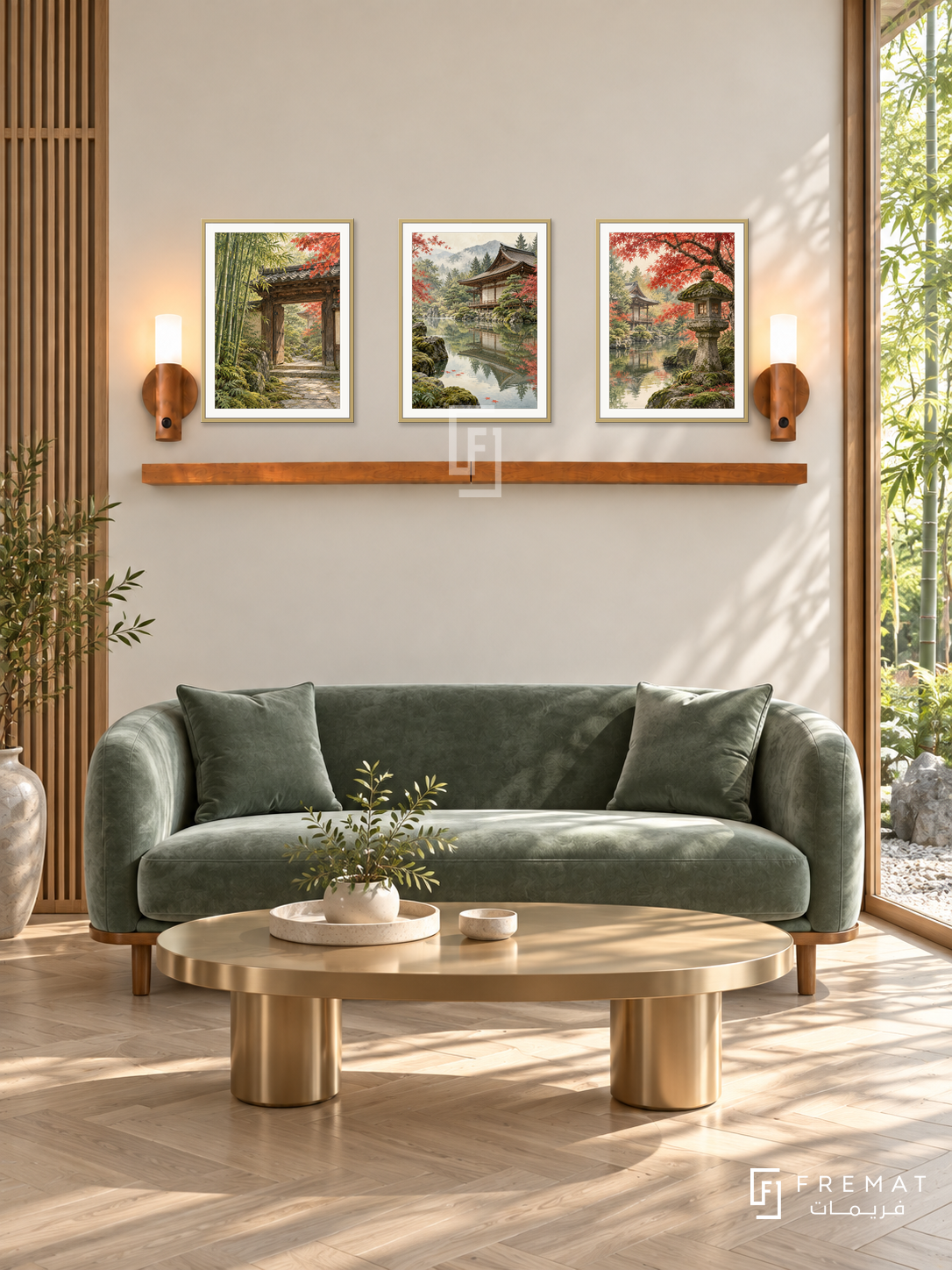 FREMAT Kyoto Stillness shelf set with three 30 x 40 cm gold frames, 2 cm white borders, honey wood shelf and two warm sensor lamps. Morning refined Japanese fusion reception, cream wall, muted jade velvet loveseat, champagne metal oval table, ash parquet, bamboo garden window right, timber screen left.