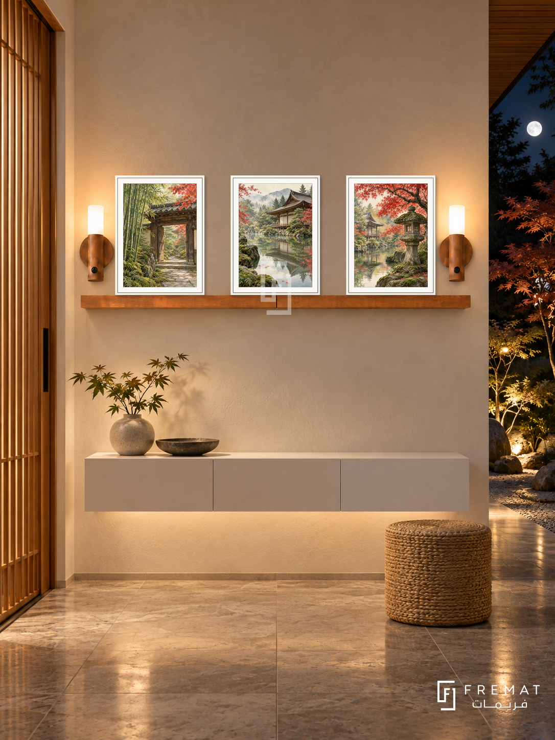FREMAT Kyoto Stillness shelf set with three 30 x 40 cm white frames, 2 cm white borders, honey wood shelf and two warm sensor lamps. Night Japanese modern entrance, ivory plaster, white floating console, woven stool, stone floor, moonlit maple garden right, slatted oak door left.