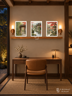 FREMAT Kyoto Stillness shelf set with three 30 x 40 cm wooden texture frames, 2 cm white borders, honey wood shelf and two warm sensor lamps. Night Kyoto townhouse reading room, warm taupe wall, walnut writing desk below shelf, tan leather chair, woven tatami-like rug, dark courtyard left, exposed beams.