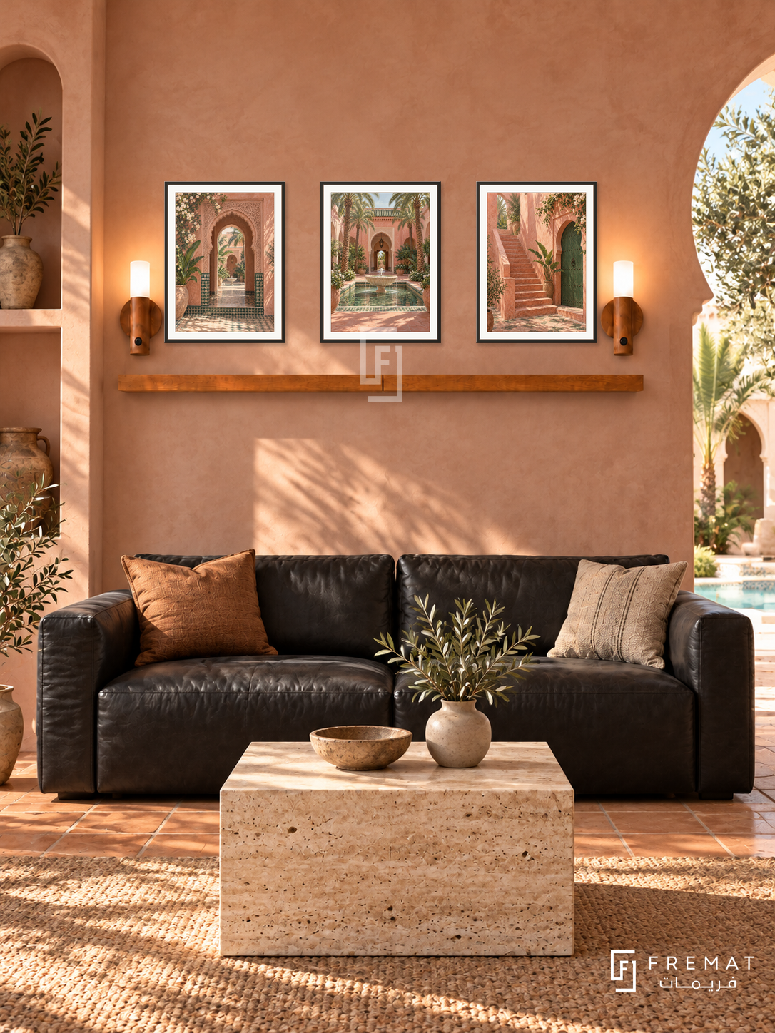 FREMAT Marrakech Rose shelf set with three 30 x 40 cm black frames, 2 cm white borders, honey wood shelf and two warm sensor lamps. Morning Marrakech modern lounge, rose plaster wall, black leather sofa, travertine cube table, terracotta floor, horseshoe courtyard arch right, narrow niche left.