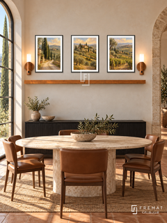 FREMAT Tuscan Afternoon shelf set with three 30 x 40 cm black frames, 2 cm white borders, honey wood shelf and two warm sensor lamps. Morning Tuscan modern dining room, warm cream plaster, black sideboard below shelf, oval travertine table with leather chairs, terracotta floor, cypress window left, stone arch right.