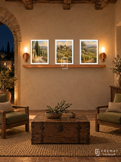 FREMAT Tuscan Afternoon shelf set with three 30 x 40 cm wooden texture frames, 2 cm white borders, honey wood shelf and two warm sensor lamps. Night rustic Tuscan sitting room, beige plaster, walnut chairs with olive cushions, old wood chest table, woven rug, dark countryside arch left, heavy ceiling beams.