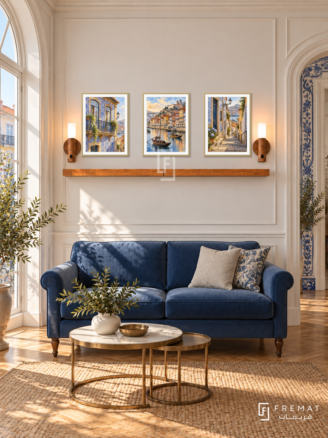 FREMAT Porto Tiles shelf set with three 30 x 40 cm gold frames, 2 cm white borders, honey wood shelf and two warm sensor lamps. Morning Portuguese classic salon, warm white mouldings, cobalt blue loveseat, brass nesting tables, parquet, arched window left, azulejo doorway edge right.