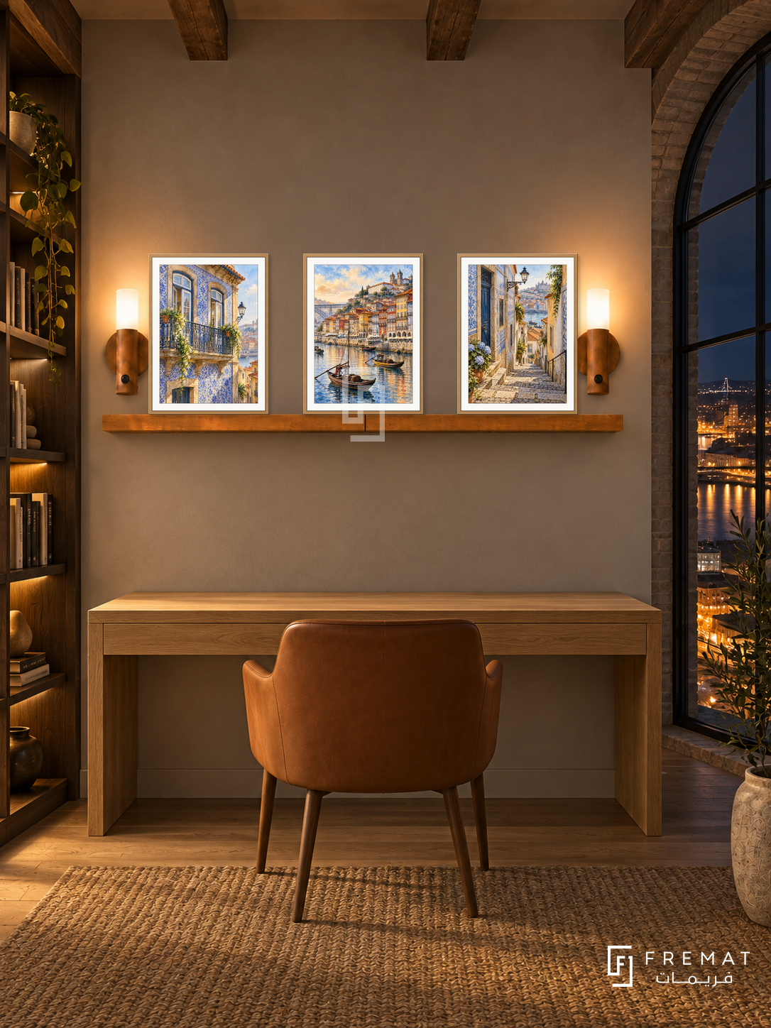 FREMAT Porto Tiles shelf set with three 30 x 40 cm wooden texture frames, 2 cm white borders, honey wood shelf and two warm sensor lamps. Night Porto loft library, taupe wall, oak reading desk below shelf, caramel chair, woven rug, city lights through arched glass right, beams overhead.