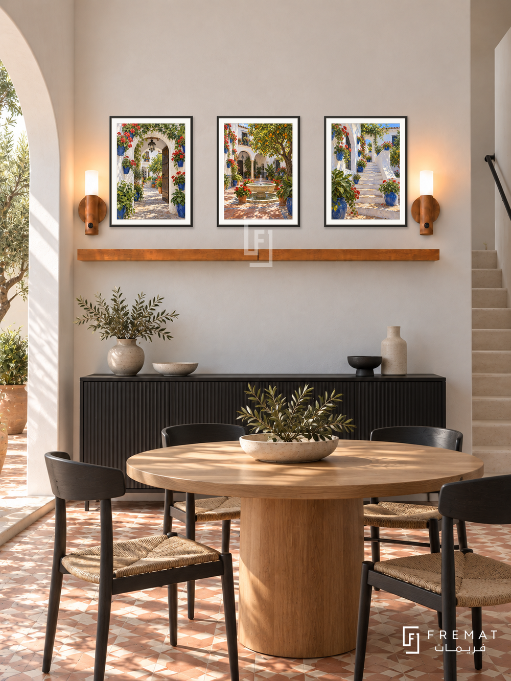 FREMAT Andalusian Patios shelf set with three 30 x 40 cm black frames, 2 cm white borders, honey wood shelf and two warm sensor lamps. Morning Andalusian contemporary dining room, white stucco wall, black sideboard below shelf, round oak table and black chairs, patterned terracotta floor, courtyard arch left, slim stone stair right.