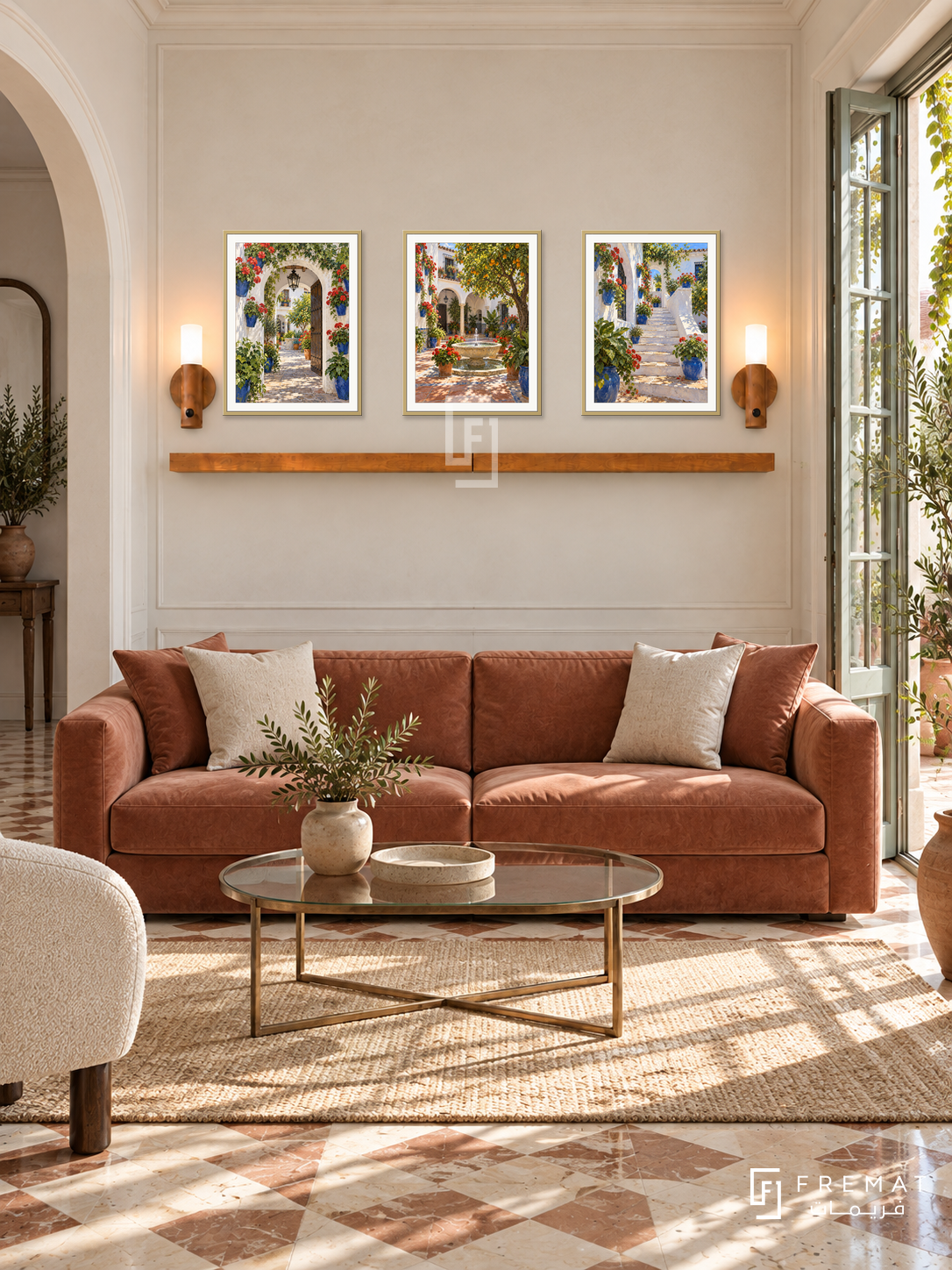 FREMAT Andalusian Patios shelf set with three 30 x 40 cm gold frames, 2 cm white borders, honey wood shelf and two warm sensor lamps. Morning refined Andalusian salon, cream wall panels, muted terracotta velvet sofa, brass glass table, patterned stone floor, garden French doors right, arch left.