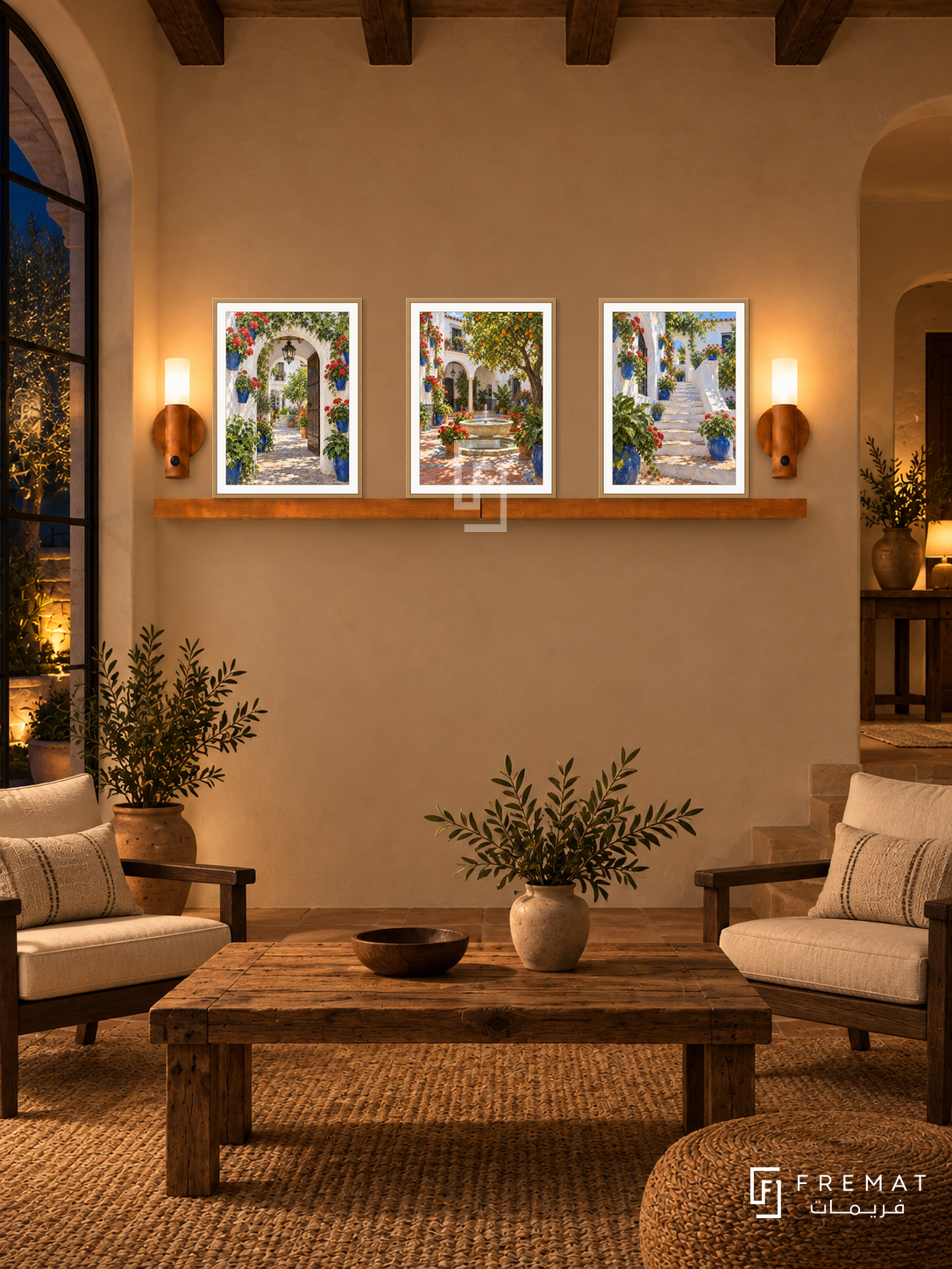 FREMAT Andalusian Patios shelf set with three 30 x 40 cm wooden texture frames, 2 cm white borders, honey wood shelf and two warm sensor lamps. Night Spanish country sitting room, warm beige wall, dark oak chairs with cream cushions, rustic rectangular table, woven rug, courtyard window left, timber beams.