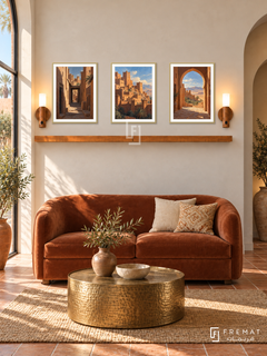 FREMAT Desert Kasbah shelf set with three 30 x 40 cm gold frames, 2 cm white borders, honey wood shelf and two warm sensor lamps. Morning elegant North African reception, cream wall, rust velvet loveseat, hammered brass table, terracotta tile, tall desert window left, recessed arch right.