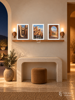 FREMAT Desert Kasbah shelf set with three 30 x 40 cm white frames, 2 cm white borders, honey wood shelf and two warm sensor lamps. Night desert foyer, warm white plaster, ivory arched console, camel stool, stone floor, starry desert through arch left, deep ochre doorway right.