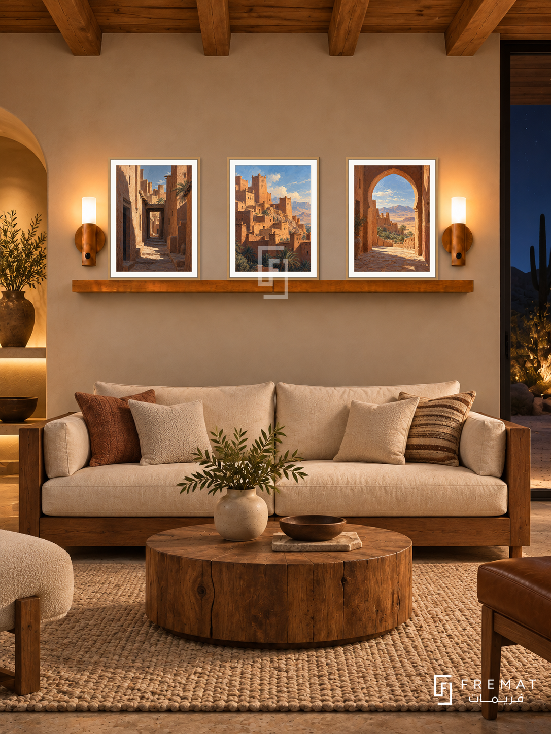 FREMAT Desert Kasbah shelf set with three 30 x 40 cm wooden texture frames, 2 cm white borders, honey wood shelf and two warm sensor lamps. Night adobe lodge, warm sand wall, cedar sofa with oatmeal cushions, round timber table, textured wool rug, dark desert window right, exposed wood ceiling.