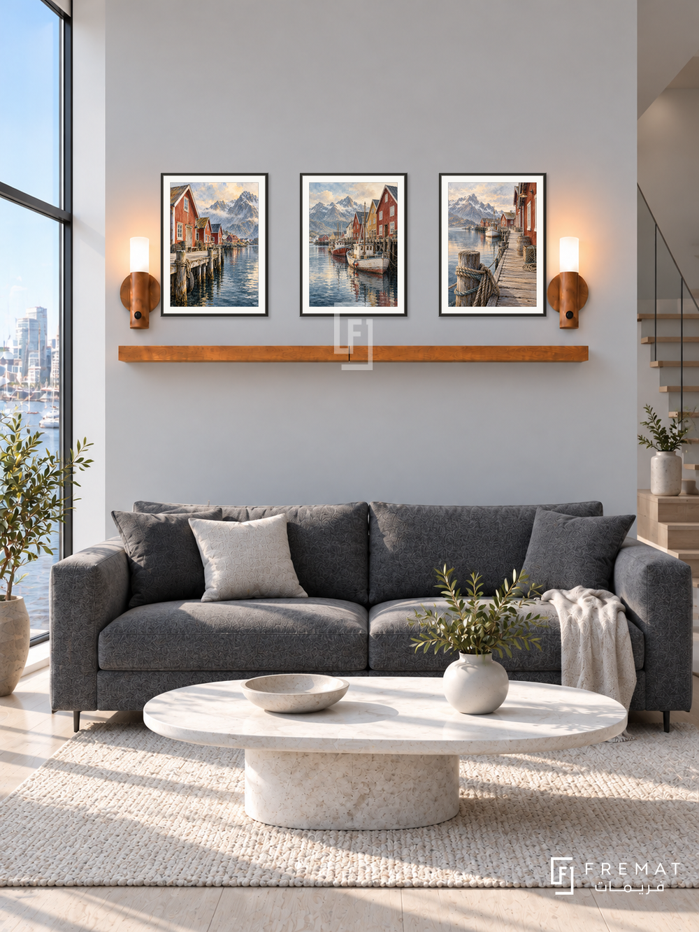 FREMAT Nordic Harbor shelf set with three 30 x 40 cm black frames, 2 cm white borders, honey wood shelf and two warm sensor lamps. Morning Nordic harbour apartment, pale grey wall, charcoal wool sofa, white oval stone table, ash floor, harbour window left, minimalist stair right.