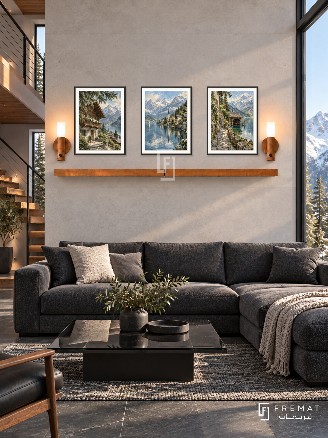 FREMAT Alpine Village shelf set with three 30 x 40 cm black frames, 2 cm white borders, honey wood shelf and two warm sensor lamps. Morning alpine modern duplex lounge, light stone wall, charcoal sectional, black glass table, slate floor, mountain window right, open stair left.