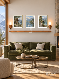 FREMAT Alpine Village shelf set with three 30 x 40 cm gold frames, 2 cm white borders, honey wood shelf and two warm sensor lamps. Morning refined chalet reception, cream wall, moss green velvet sofa, bronze nesting tables, oak parquet, mountain window left, stone column right.
