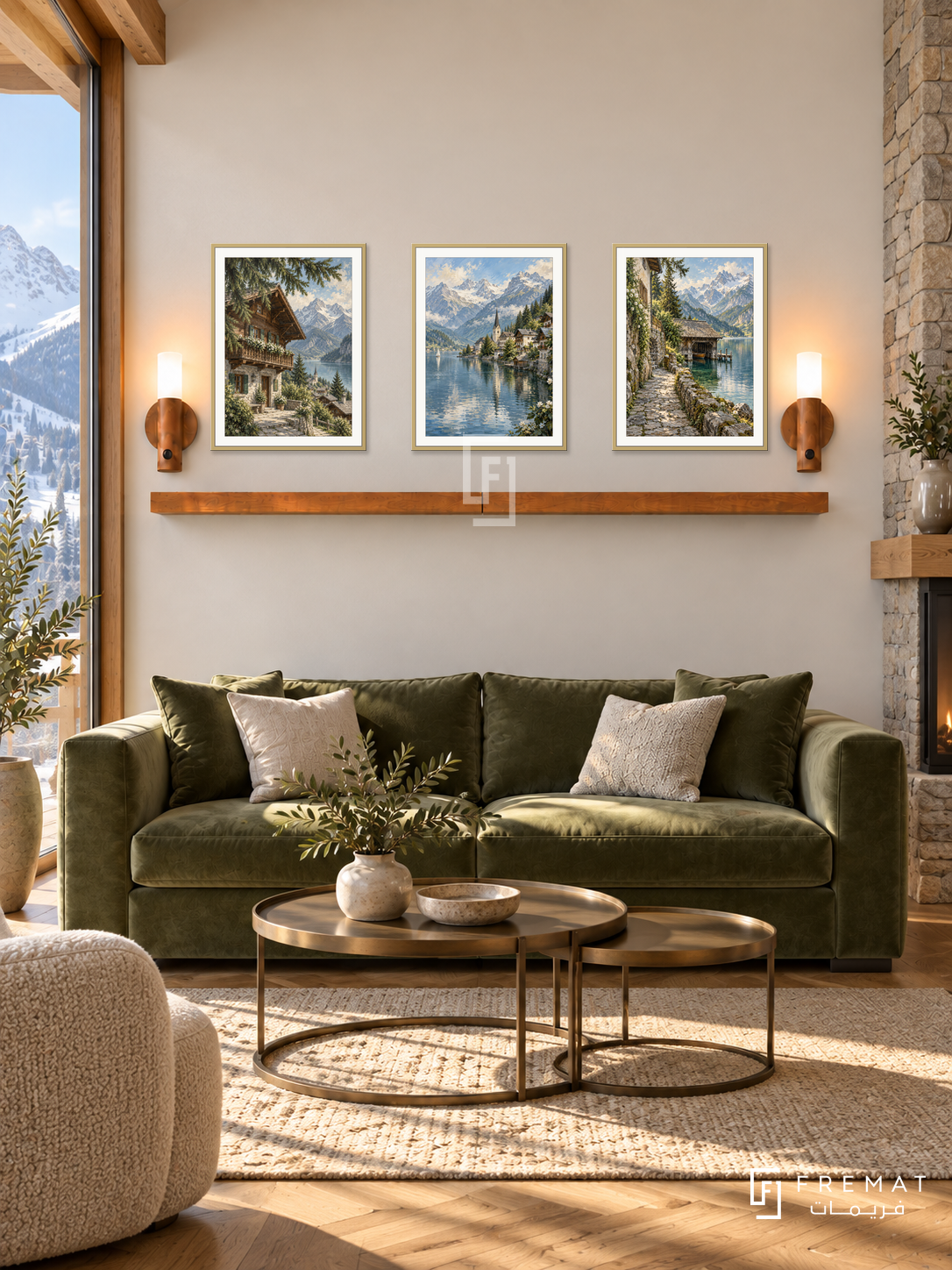 FREMAT Alpine Village shelf set with three 30 x 40 cm gold frames, 2 cm white borders, honey wood shelf and two warm sensor lamps. Morning refined chalet reception, cream wall, moss green velvet sofa, bronze nesting tables, oak parquet, mountain window left, stone column right.
