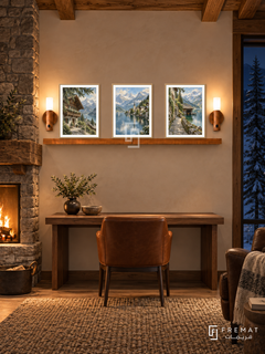 FREMAT Alpine Village shelf set with three 30 x 40 cm wooden texture frames, 2 cm white borders, honey wood shelf and two warm sensor lamps. Night mountain chalet reading room, warm plaster, walnut desk below shelf, leather chair, woven rug, dark snowy forest right, stone hearth left and timber ceiling.