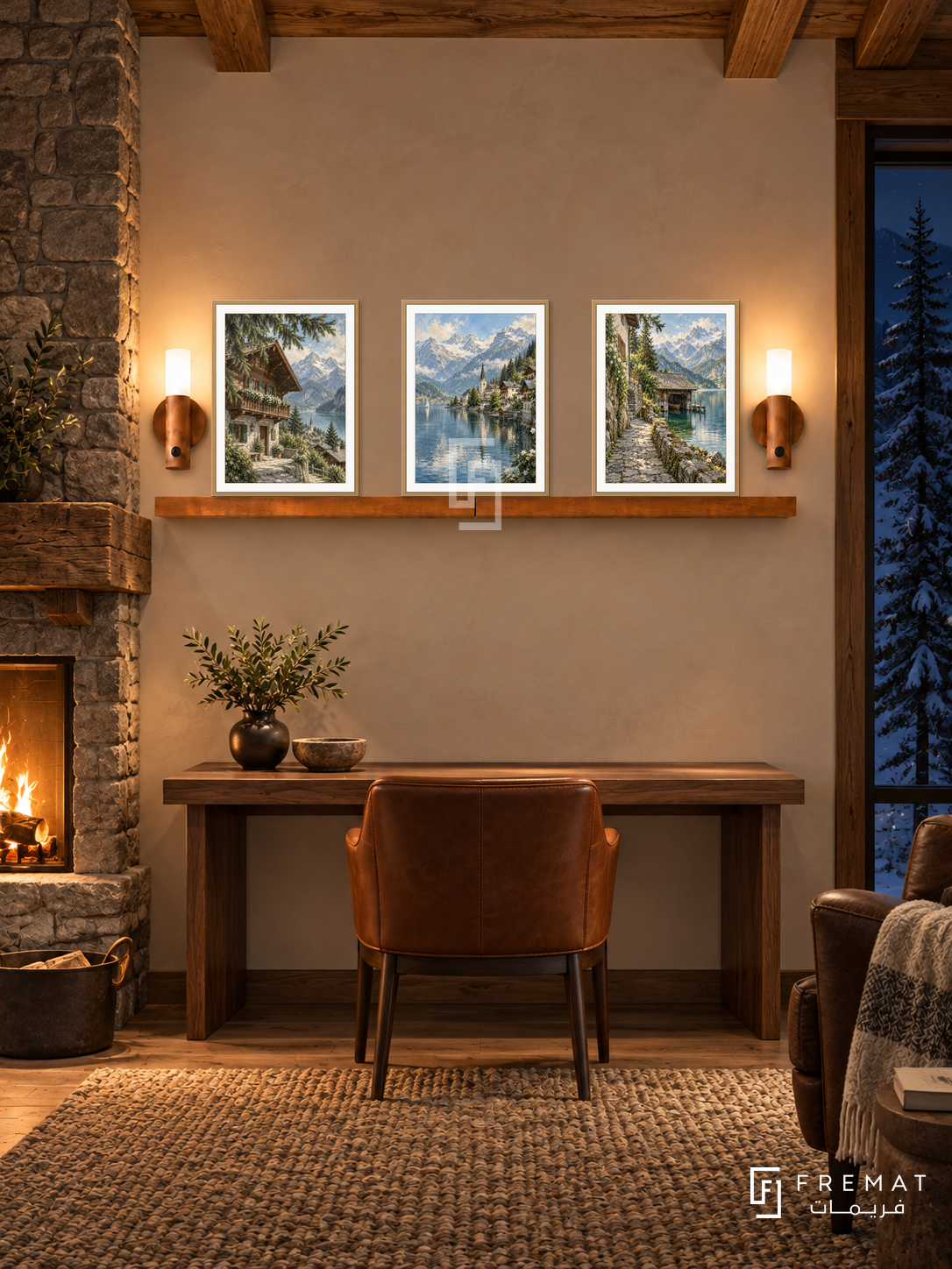 FREMAT Alpine Village shelf set with three 30 x 40 cm wooden texture frames, 2 cm white borders, honey wood shelf and two warm sensor lamps. Night mountain chalet reading room, warm plaster, walnut desk below shelf, leather chair, woven rug, dark snowy forest right, stone hearth left and timber ceiling.