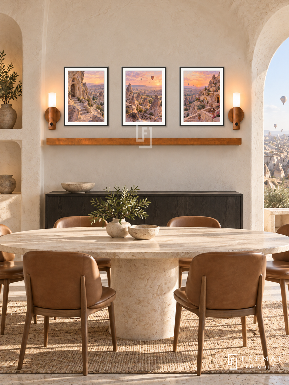 FREMAT Cappadocia Dawn shelf set with three 30 x 40 cm black frames, 2 cm white borders, honey wood shelf and two warm sensor lamps. Morning Cappadocian cave-inspired modern dining room, smooth cream carved niche wall, black oak buffet, oval limestone table and leather chairs, distant balloon valley through side opening.