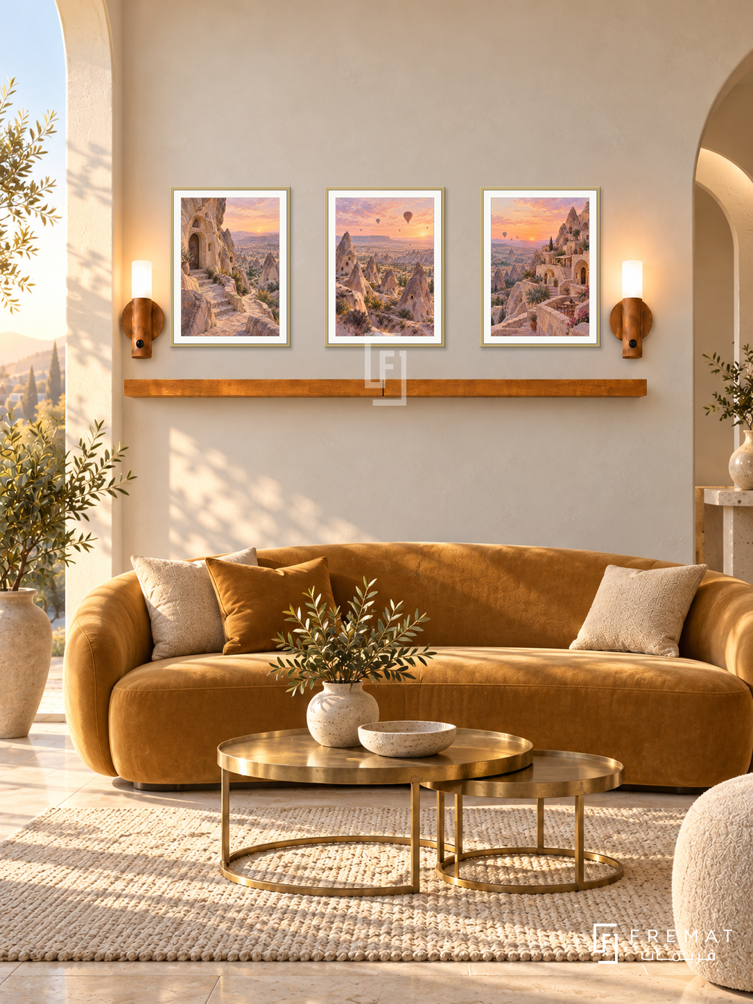 FREMAT Cappadocia Dawn shelf set with three 30 x 40 cm gold frames, 2 cm white borders, honey wood shelf and two warm sensor lamps. Morning Anatolian elegant living room, warm ivory plaster, ochre curved velvet sofa, brass round nesting tables, sculptural stone arch and soft sunrise.