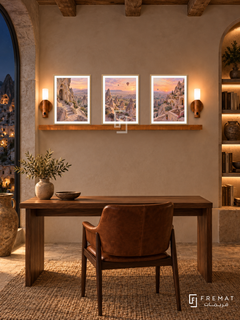 FREMAT Cappadocia Dawn shelf set with three 30 x 40 cm wooden texture frames, 2 cm white borders, honey wood shelf and two warm sensor lamps. Night Cappadocia library nook, sand plaster and exposed rustic beams, walnut writing desk, tobacco leather chair, lit book alcove at far side.