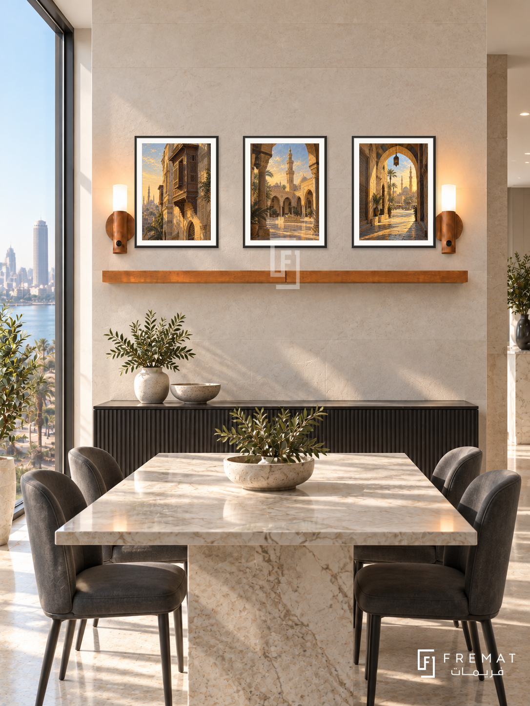 FREMAT Cairo Golden Hour shelf set with three 30 x 40 cm black frames, 2 cm white borders, honey wood shelf and two warm sensor lamps. Morning contemporary Cairo apartment dining area, limestone wall, black fluted sideboard, pale marble dining table, charcoal chairs, Nile skyline through side glazing.