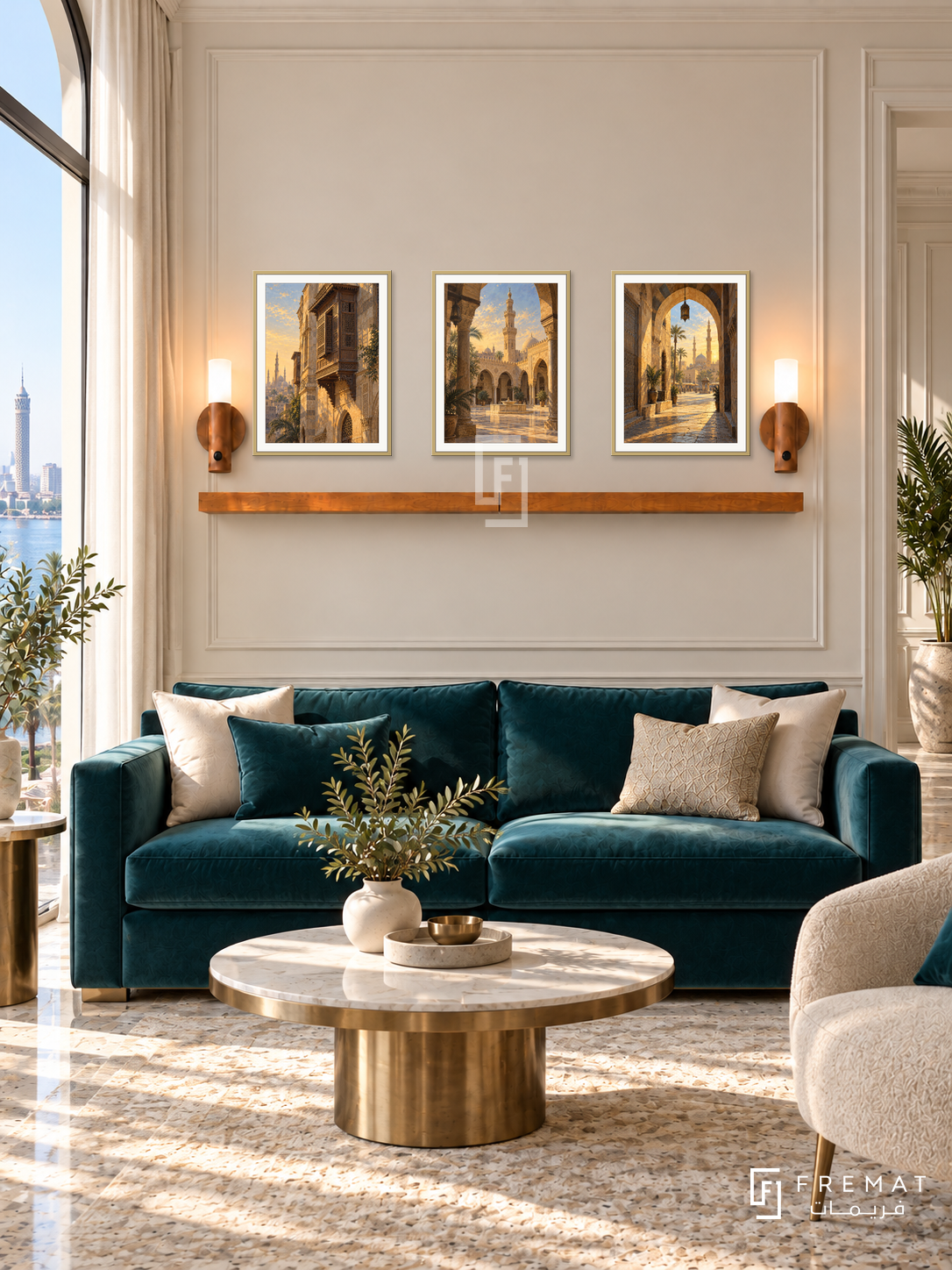 FREMAT Cairo Golden Hour shelf set with three 30 x 40 cm gold frames, 2 cm white borders, honey wood shelf and two warm sensor lamps. Morning Egyptian contemporary classic salon, cream wall molding, deep teal velvet sofa, round brass marble coffee table, tall curtains and bright Nile daylight.