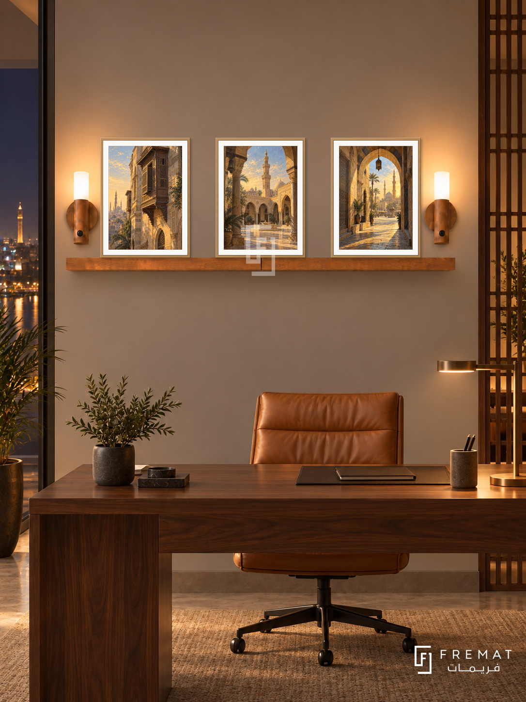 FREMAT Cairo Golden Hour shelf set with three 30 x 40 cm wooden texture frames, 2 cm white borders, honey wood shelf and two warm sensor lamps. Night Cairo warm modern study, smooth taupe wall, walnut desk and caramel leather chair, side timber lattice screen, distant city lights.