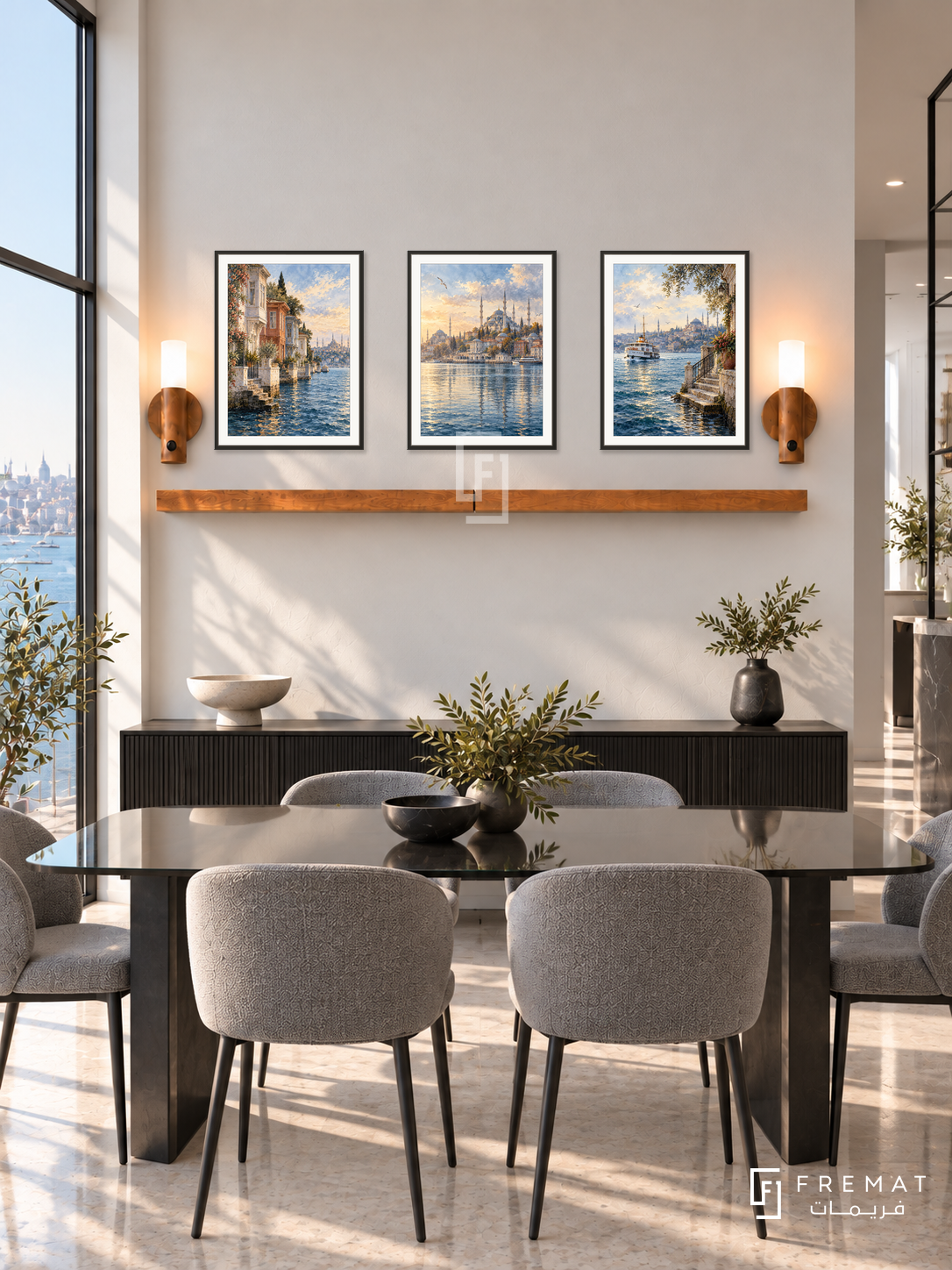 FREMAT Istanbul Blue shelf set with three 30 x 40 cm black frames, 2 cm white borders, honey wood shelf and two warm sensor lamps. Morning modern Istanbul dining loft, ivory wall, black credenza, smoked glass table and grey upholstered dining chairs, Bosphorus side window and slender steel architecture.
