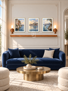 FREMAT Istanbul Blue shelf set with three 30 x 40 cm gold frames, 2 cm white borders, honey wood shelf and two warm sensor lamps. Morning Ottoman contemporary reception, cream molding with subtle ornamental border, royal blue velvet sofa, brass coffee table and ivory drapery.