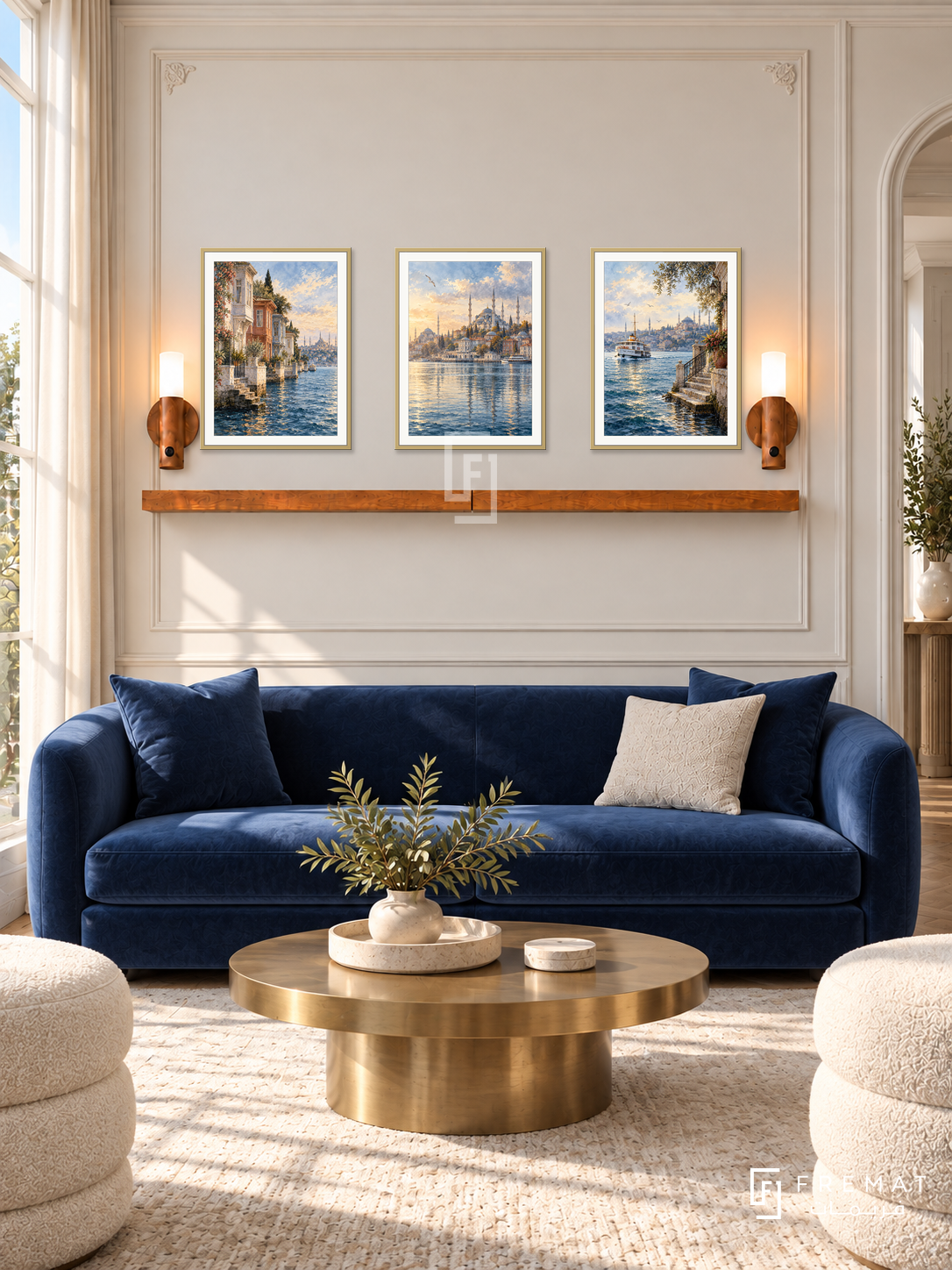 FREMAT Istanbul Blue shelf set with three 30 x 40 cm gold frames, 2 cm white borders, honey wood shelf and two warm sensor lamps. Morning Ottoman contemporary reception, cream molding with subtle ornamental border, royal blue velvet sofa, brass coffee table and ivory drapery.