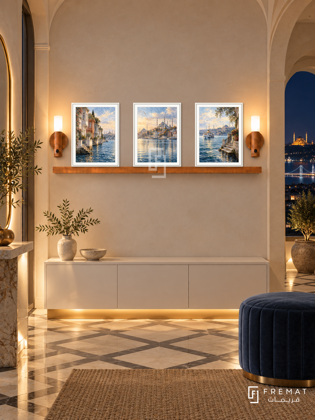 FREMAT Istanbul Blue shelf set with three 30 x 40 cm white frames, 2 cm white borders, honey wood shelf and two warm sensor lamps. Night Istanbul entrance salon, warm pale stone arches, white lacquer console, blue velvet ottoman, geometric marble floor, city lights beyond side arch.