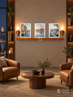 FREMAT Istanbul Blue shelf set with three 30 x 40 cm wooden texture frames, 2 cm white borders, honey wood shelf and two warm sensor lamps. Night Istanbul reading room, walnut paneled side alcoves, taupe central plaster wall, tan leather armchairs, low walnut table, quiet skyline.