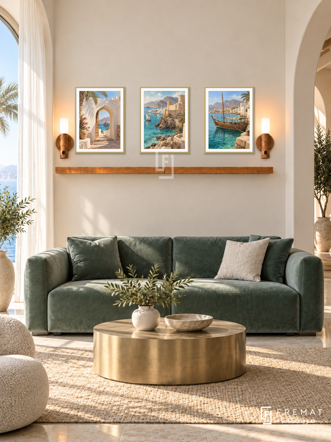 FREMAT Oman Earth And Sea shelf set with three 30 x 40 cm gold frames, 2 cm white borders, honey wood shelf and two warm sensor lamps. Morning refined Oman reception, cream walls with fine arches, sea green velvet sofa, brushed brass coffee table, soft white curtains and coastal daylight.
