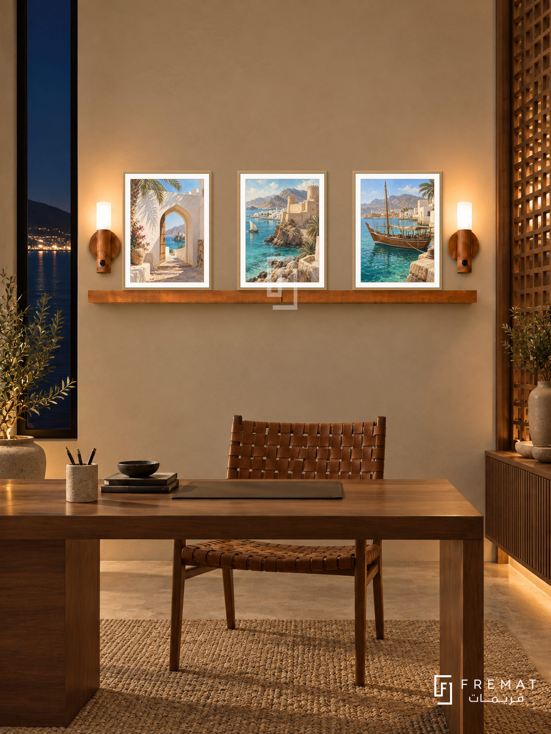 FREMAT Oman Earth And Sea shelf set with three 30 x 40 cm wooden texture frames, 2 cm white borders, honey wood shelf and two warm sensor lamps. Night Muscat contemporary study, warm sand walls and timber side lattice, walnut writing desk, woven leather chair, dark sea through narrow window.