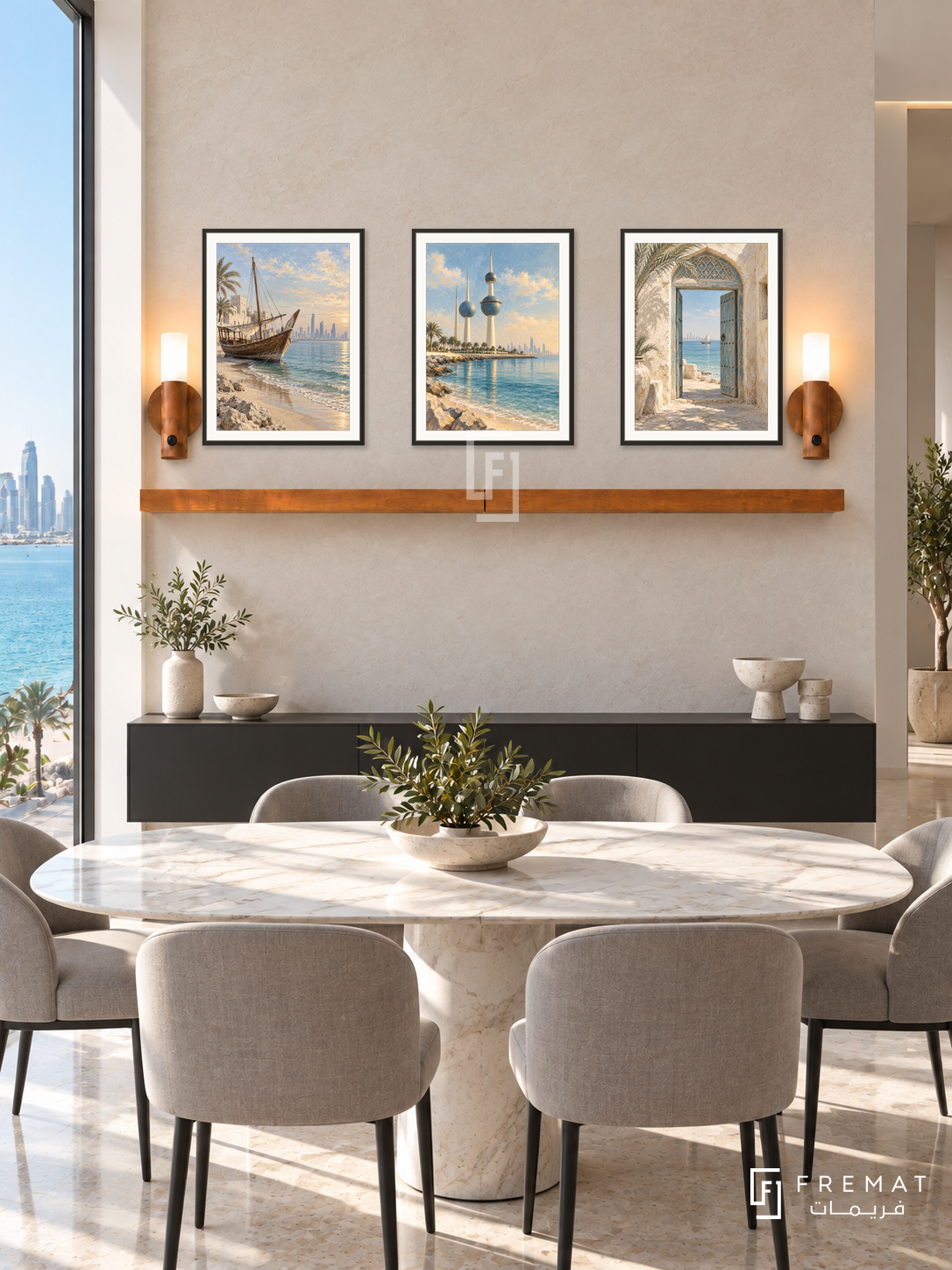 FREMAT Kuwait Seaside shelf set with three 30 x 40 cm black frames, 2 cm white borders, honey wood shelf and two warm sensor lamps. Morning Kuwait seaside contemporary dining room, pale stone wall, black floating buffet, oval white marble table, grey chairs, Gulf blue water through side window.