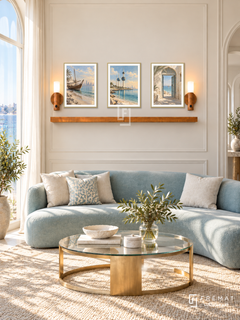 FREMAT Kuwait Seaside shelf set with three 30 x 40 cm gold frames, 2 cm white borders, honey wood shelf and two warm sensor lamps. Morning Gulf coastal elegant salon, cream wall molding, pale turquoise curved sofa, gold glass coffee table, sheer drapery and sea light.