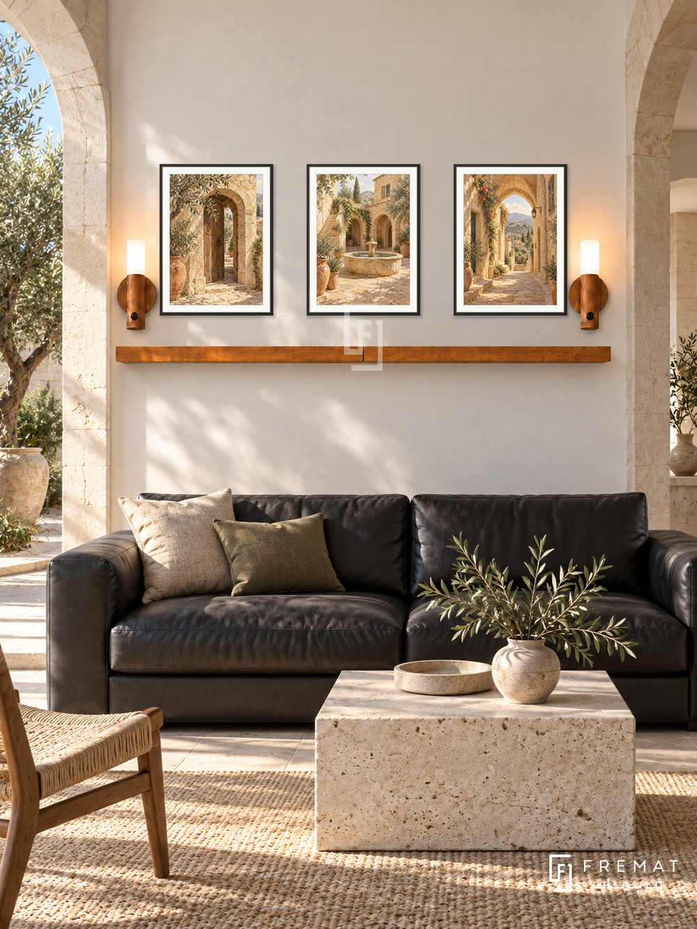 FREMAT Levantine Stone shelf set with three 30 x 40 cm black frames, 2 cm white borders, honey wood shelf and two warm sensor lamps. Morning Levantine renovated stone house, smooth ivory central wall with limestone side arches, black leather sofa, travertine cube table, olive courtyard.