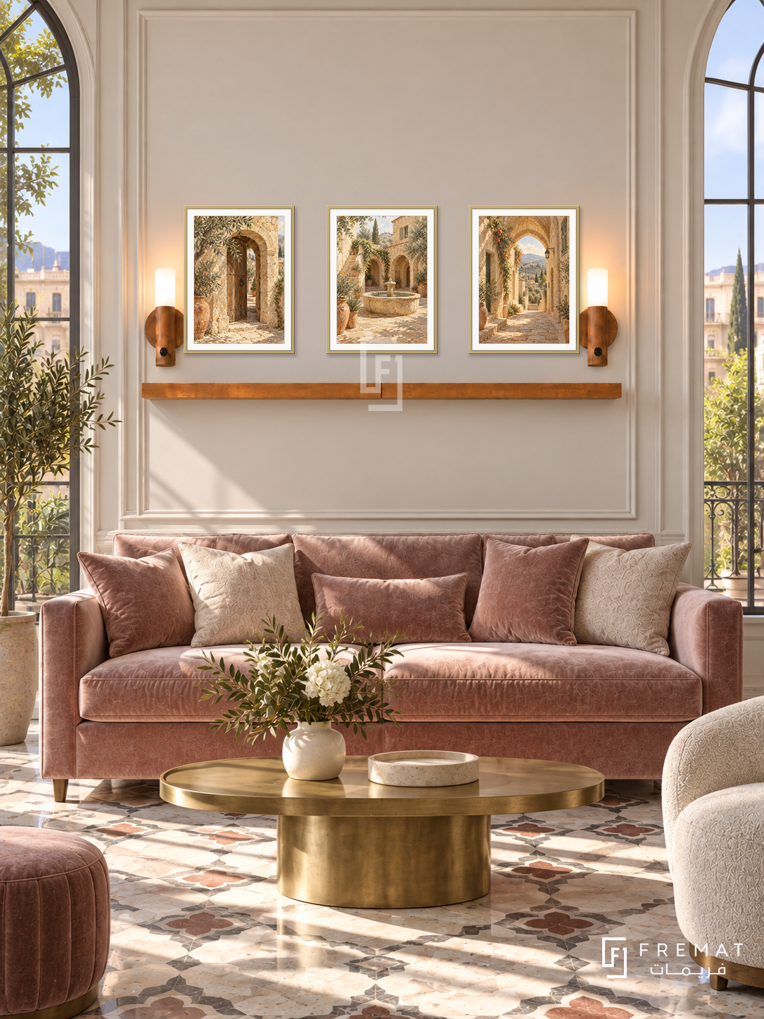 FREMAT Levantine Stone shelf set with three 30 x 40 cm gold frames, 2 cm white borders, honey wood shelf and two warm sensor lamps. Morning elegant Beirut traditional modern salon, cream molding, muted rose velvet sofa, brass oval table, tall arched windows and patterned stone floor.