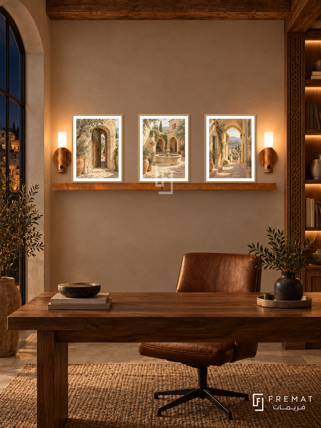 FREMAT Levantine Stone shelf set with three 30 x 40 cm wooden texture frames, 2 cm white borders, honey wood shelf and two warm sensor lamps. Night Levantine book room, warm taupe plaster, walnut desk and leather chair, exposed timber beam, side carved wood bookcase.