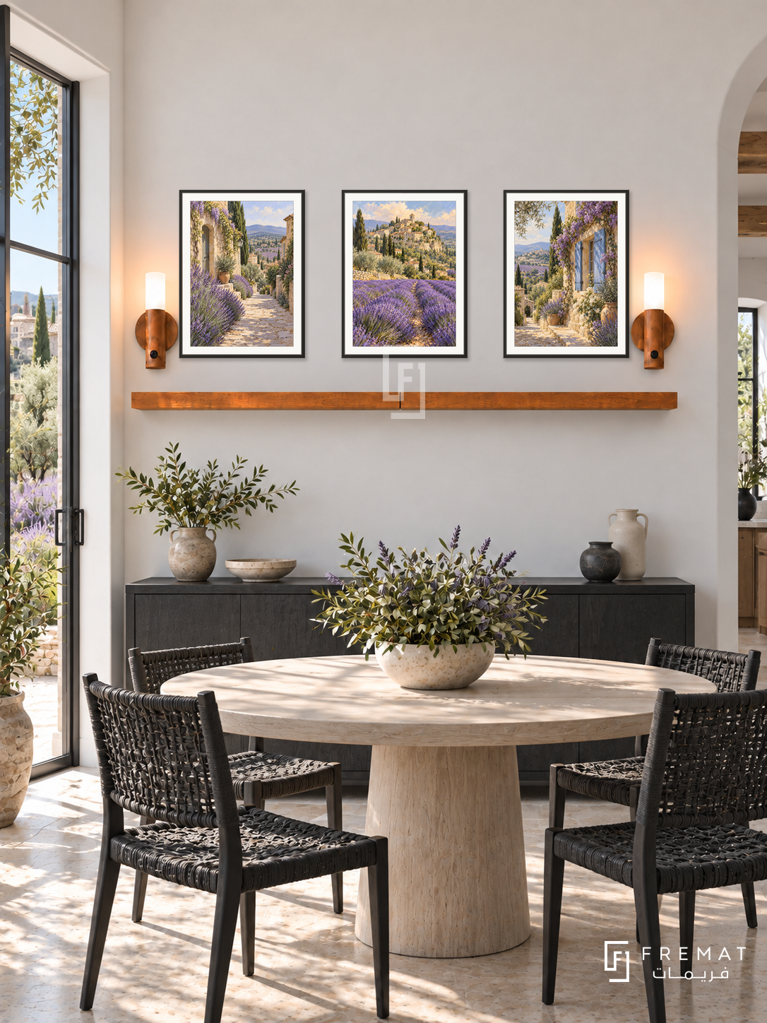 FREMAT Provence Lavender shelf set with three 30 x 40 cm black frames, 2 cm white borders, honey wood shelf and two warm sensor lamps. Morning Provence modern farmhouse dining room, chalk white wall, black oak buffet, bleached wood round table, woven black chairs, lavender garden through tall side door.