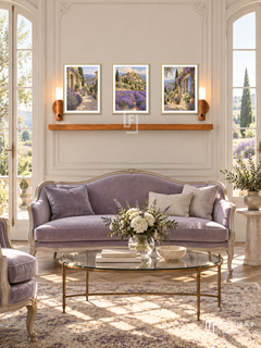FREMAT Provence Lavender shelf set with three 30 x 40 cm gold frames, 2 cm white borders, honey wood shelf and two warm sensor lamps. Morning French country refined salon, ivory molding, lavender velvet settee, brass glass oval table, tall French windows and meadow light.
