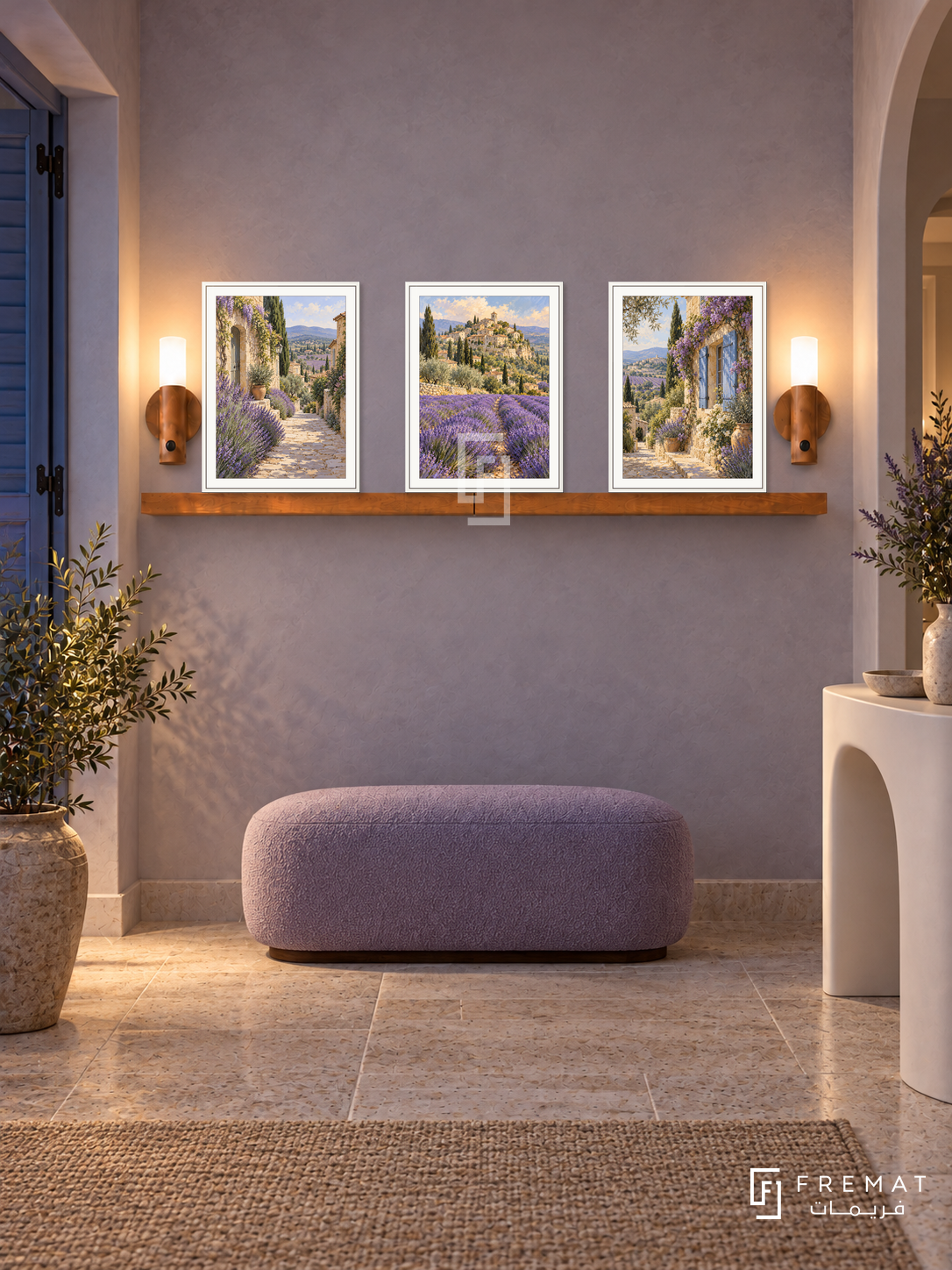 FREMAT Provence Lavender shelf set with three 30 x 40 cm white frames, 2 cm white borders, honey wood shelf and two warm sensor lamps. Night Provencal entrance hall, pale lavender grey plaster, white curved console, soft lilac ottoman, pale limestone floor and closed blue shutters at side.