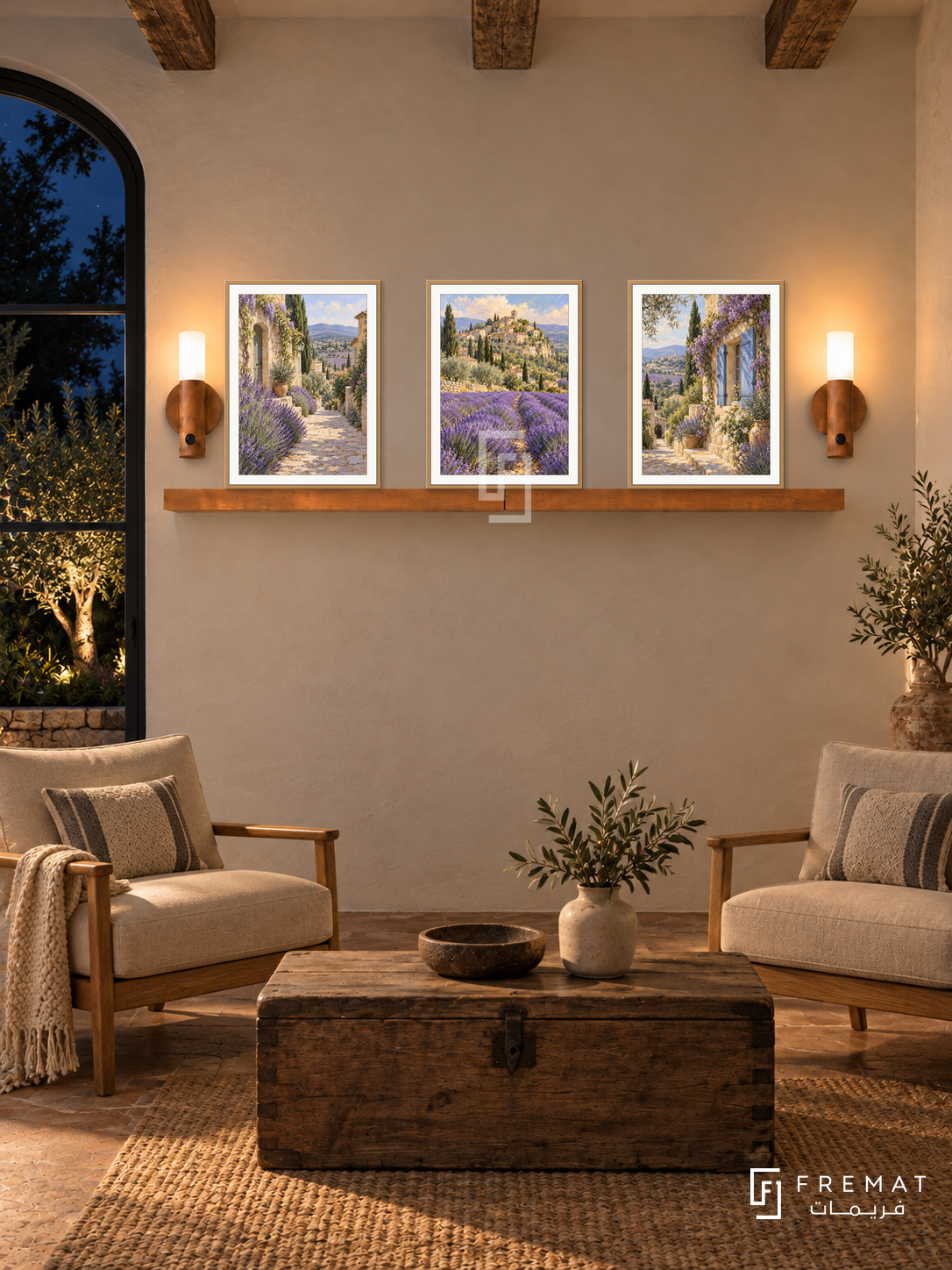 FREMAT Provence Lavender shelf set with three 30 x 40 cm wooden texture frames, 2 cm white borders, honey wood shelf and two warm sensor lamps. Night Provence reading corner, cream plaster and rustic beams, honey oak armchairs in oatmeal linen, rustic low chest table and dark garden.