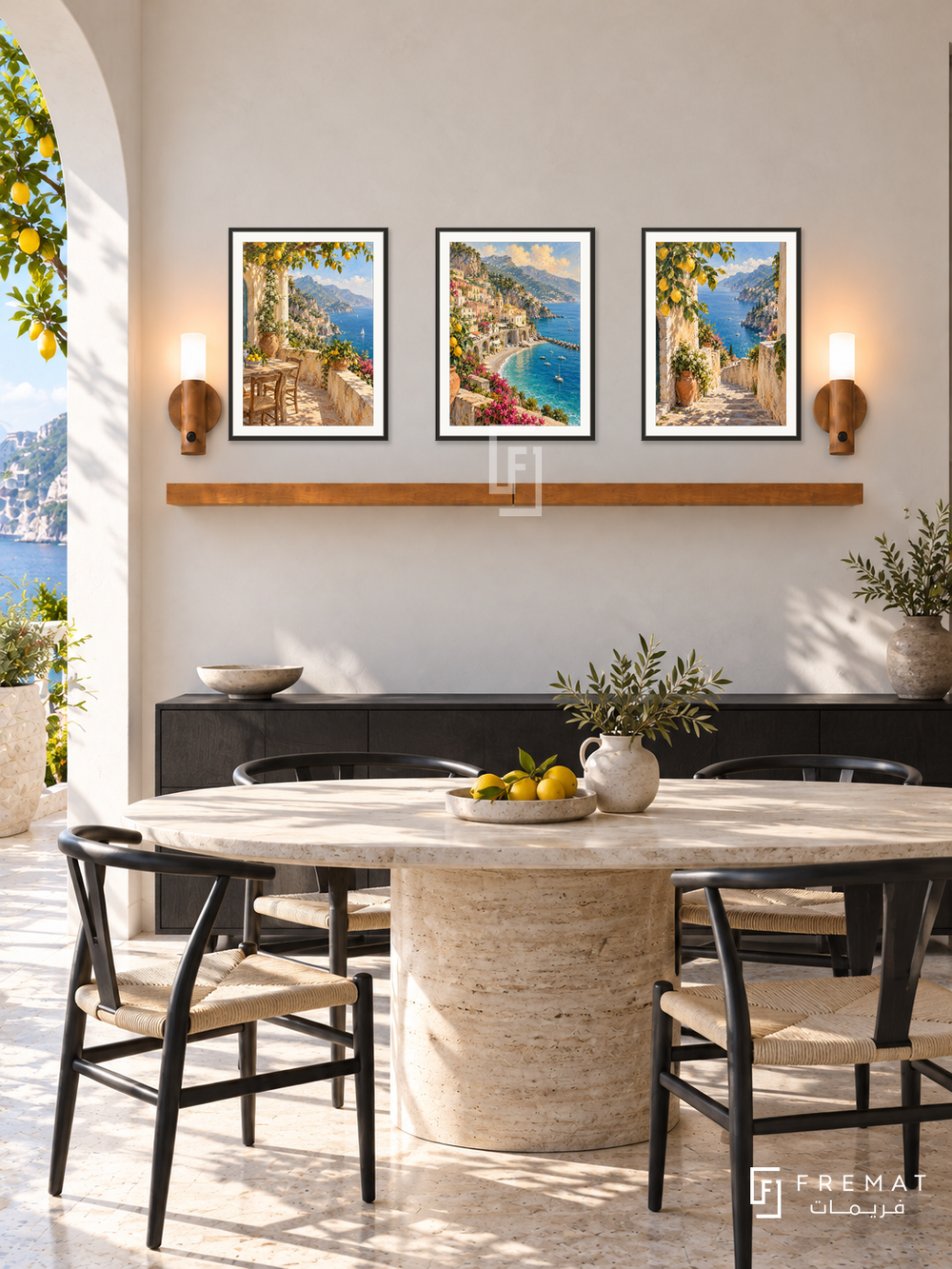 FREMAT Amalfi Terraces shelf set with three 30 x 40 cm black frames, 2 cm white borders, honey wood shelf and two warm sensor lamps. Morning Amalfi contemporary dining villa, ivory plaster wall, black sideboard, oval travertine table, black chairs, lemon terrace and bright sea at side.