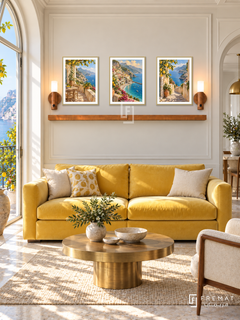 FREMAT Amalfi Terraces shelf set with three 30 x 40 cm gold frames, 2 cm white borders, honey wood shelf and two warm sensor lamps. Morning Italian coastal salon, ivory fine molding, lemon yellow velvet sofa, brass round table, sea-facing French window.