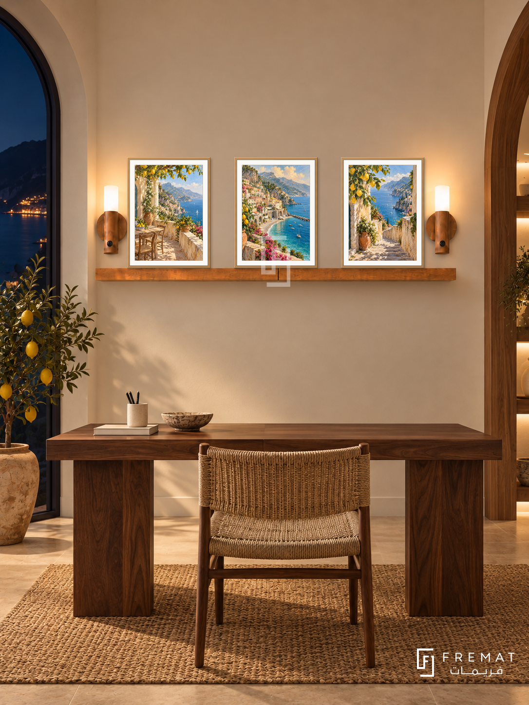 FREMAT Amalfi Terraces shelf set with three 30 x 40 cm wooden texture frames, 2 cm white borders, honey wood shelf and two warm sensor lamps. Night Amalfi study, warm cream wall and timber side arch, walnut desk, woven chair, lemon tree in corner and dark sea window.